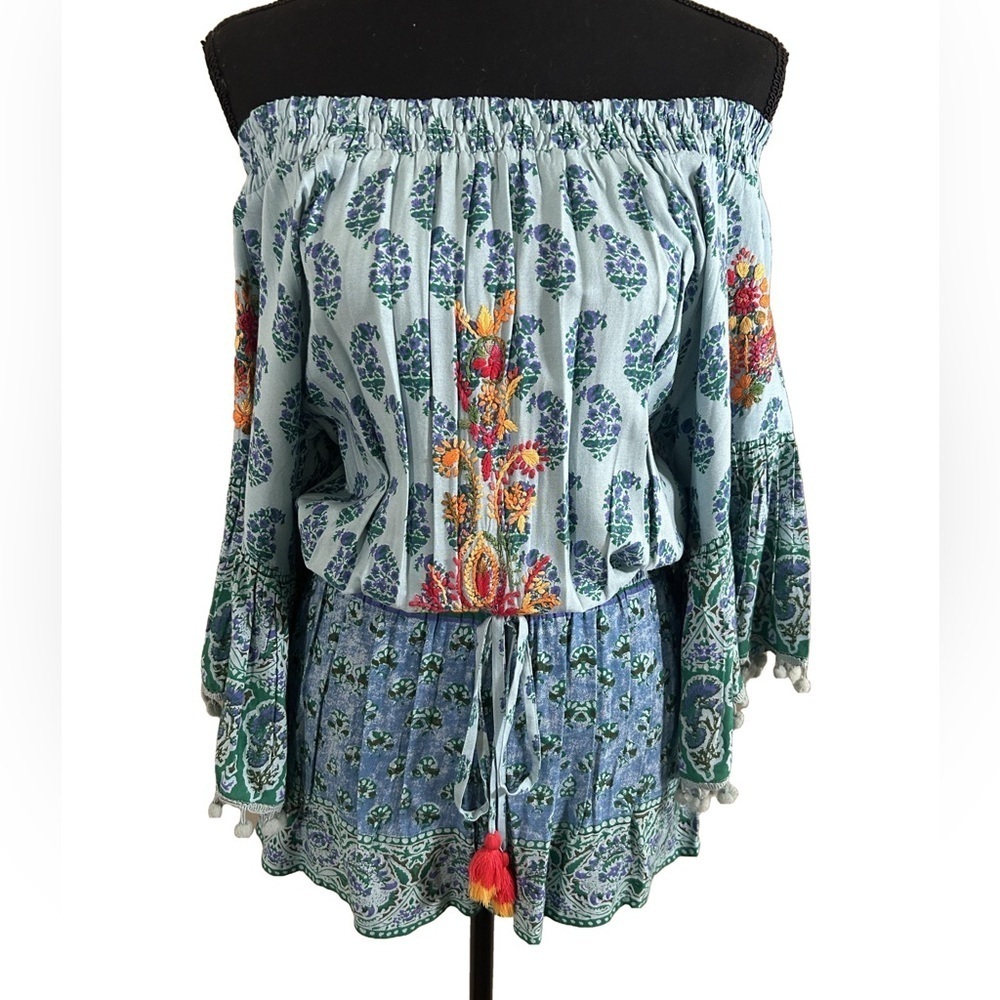 RAGA Women’s Boho Blue Off-Shoulder Romper w/Bell Sleeves & waist tie, Size S